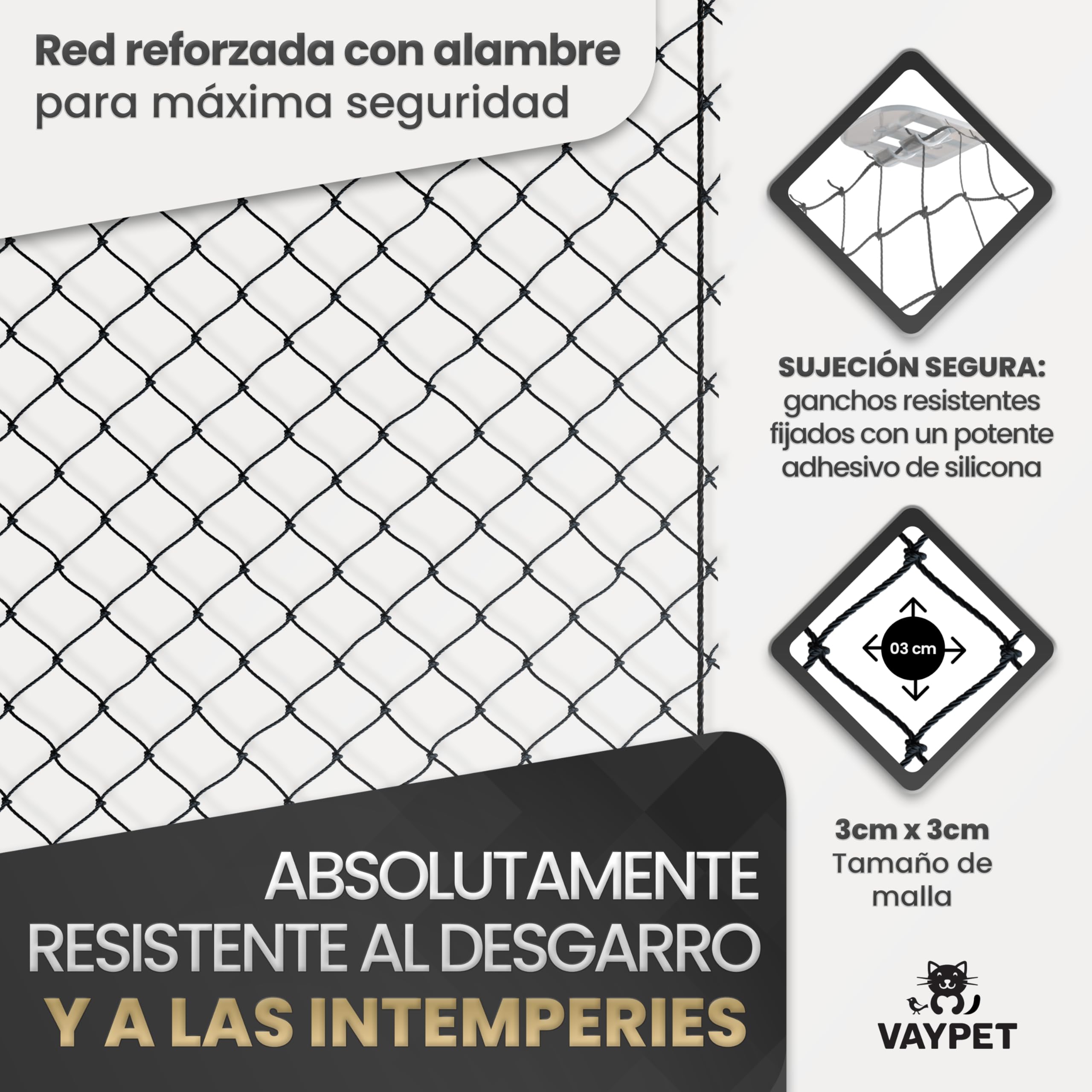VAYPET® Red para Gatos Terraza sin Taladro [6x3m] - Red Reforzada | Incluye Ganchos + Pegamento Silicona | Red reforzada con Alambre | Protección Gatos para Terraza, Balcón