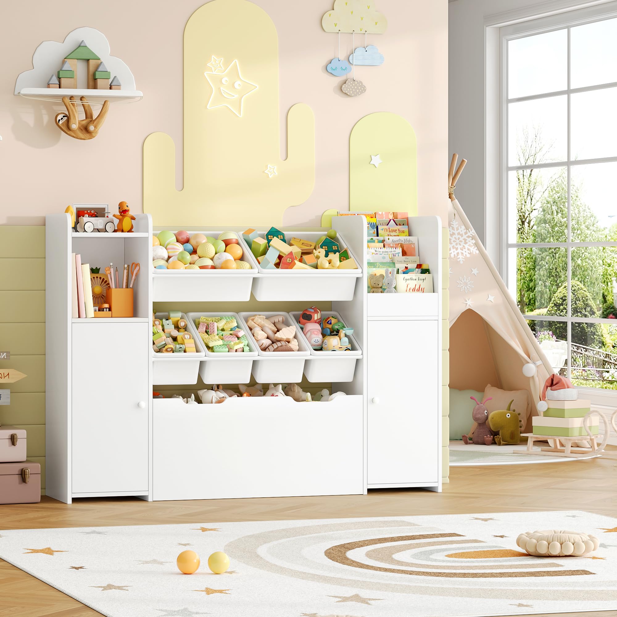 FOREHILL Organizer Giocattoli, Porta Giochi Bambini con 6 Scatole Contenitori, Mobile Porta Giochi con Portariviste, 1 Cassetto Grande con Ruote, per Cameretta e Sale Giochi, 138x30x94 cm (Bianco)