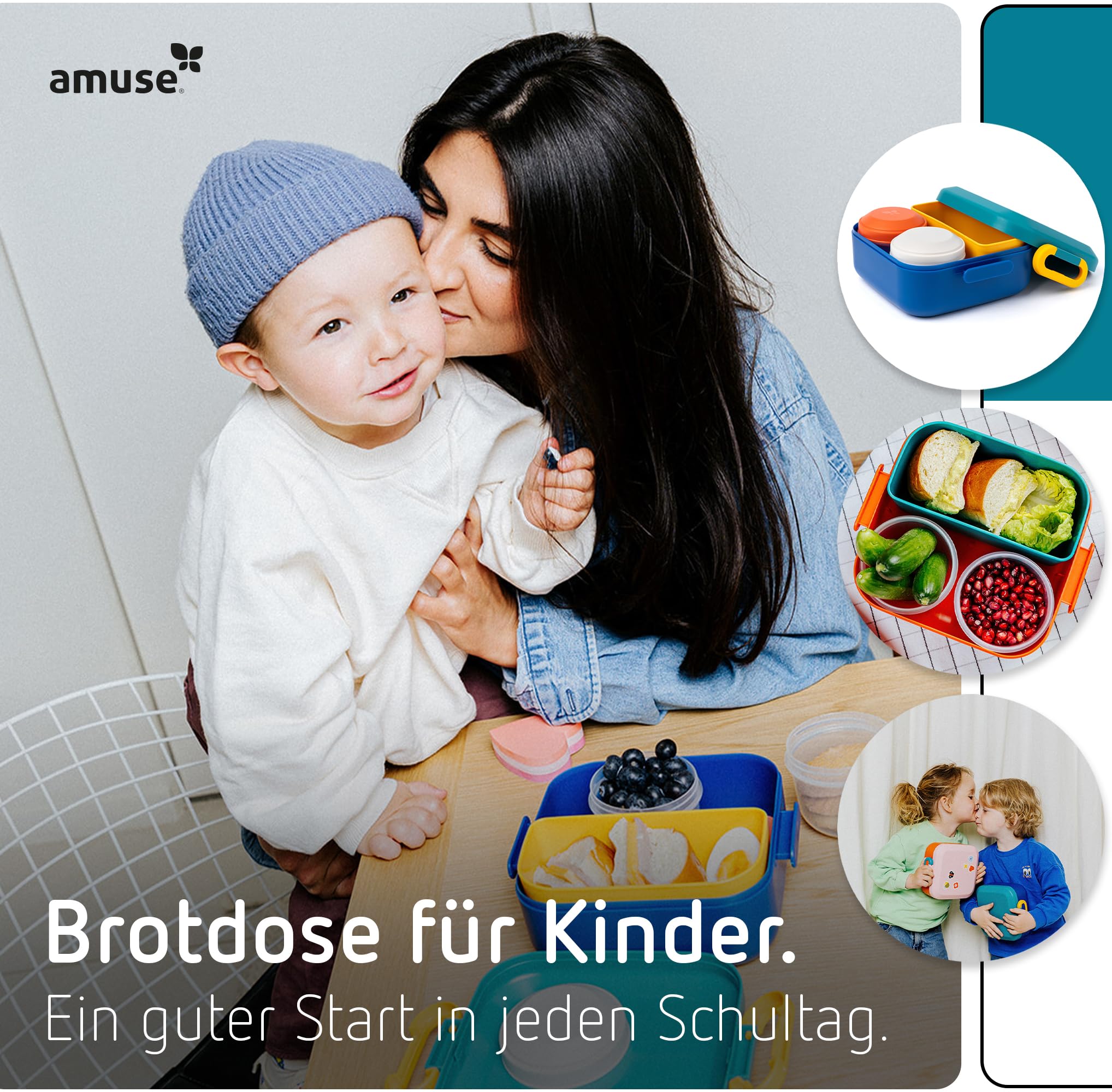 Amuse Rikko Brotdose Kinder mit Fächern | Bento Box inkl. Snackbox mit Fächern | Lunchbox Kinder, Brotdose Kindergarten, Brotbüchse Vesperbox, Brotzeitbox, Brotbox, Jausenbox | Vesperdose mit Fächern