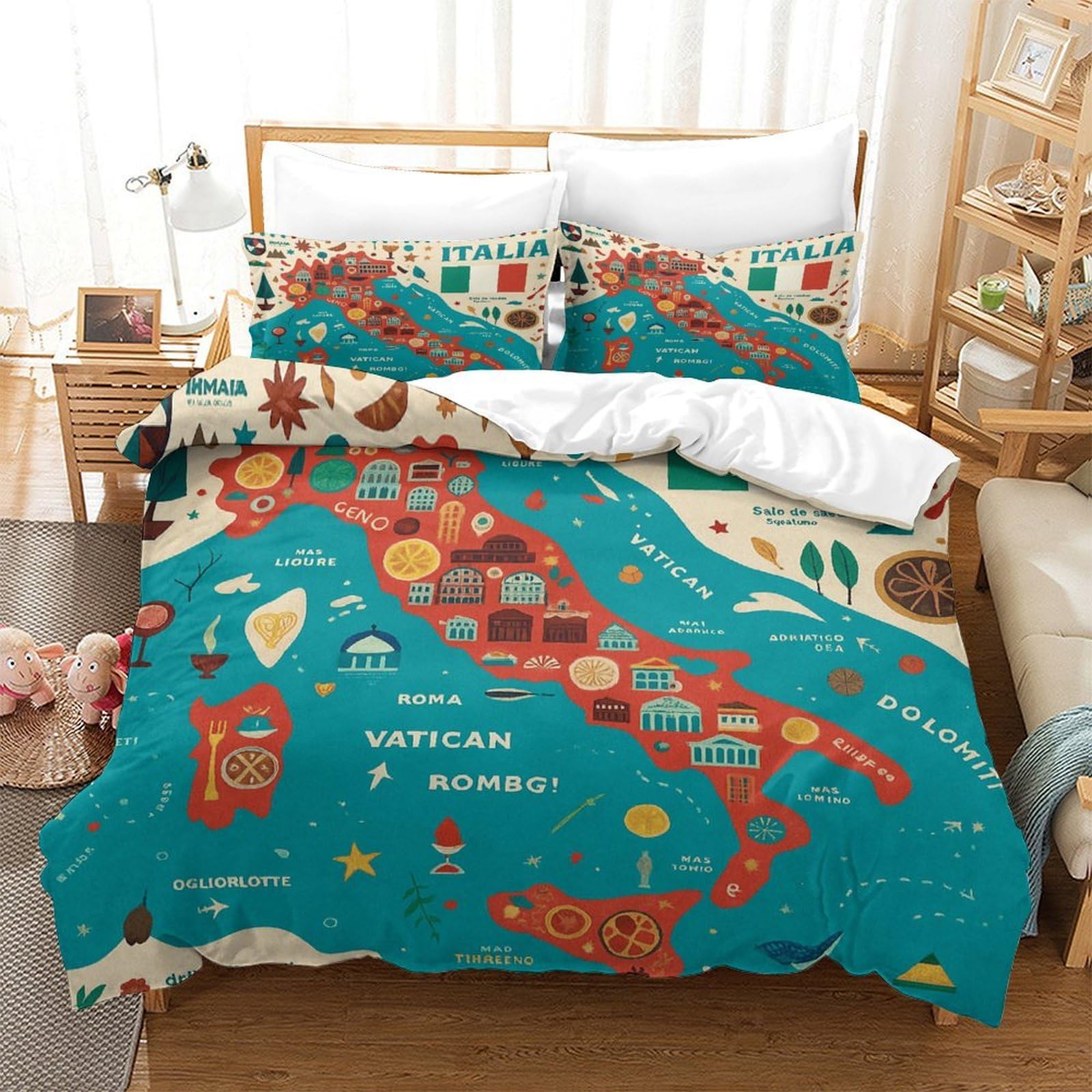 Guía de Viaje de Italia Impresión 3D 3 Piezas cubrecama Estilo de Mapa ilustrado Funda de edredón Microfibra Transpirable Cierre Cremallera para Chicos bebés Mujeres King（220x240cm）