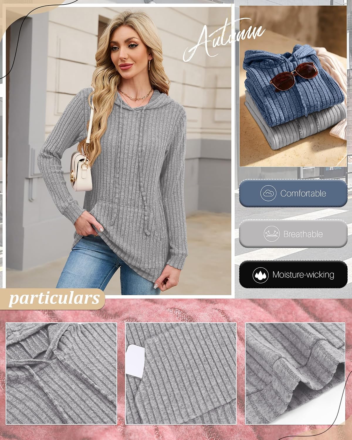 3 Pack Women's Long Sleeve Hoodie Sweaters, Kangaroo Pocket Shirts Loose Knit Tops Drawstring Pullover Sweatshirts