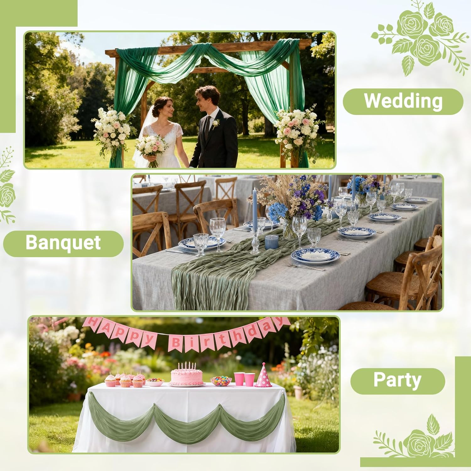 Suream 35 x 120 Inch Table Runner, 12 Packs Fabric Runners for Wedding Birthday Baby Shower Party Boho Table Decoration(Sage Green)