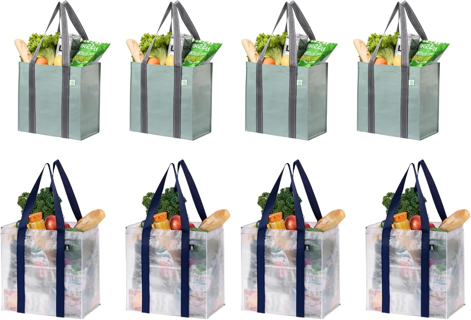 VENO 8 Pack Heavy-Duty Reusable Grocery Shopping Bags (4 Pack Clear Larger Reusable Grocery Shopping Bag w/Front Pocket & Hard Bottom + 4 Pack Light Green Reusable Grocery Shopping Bag w/Hard Bottom)