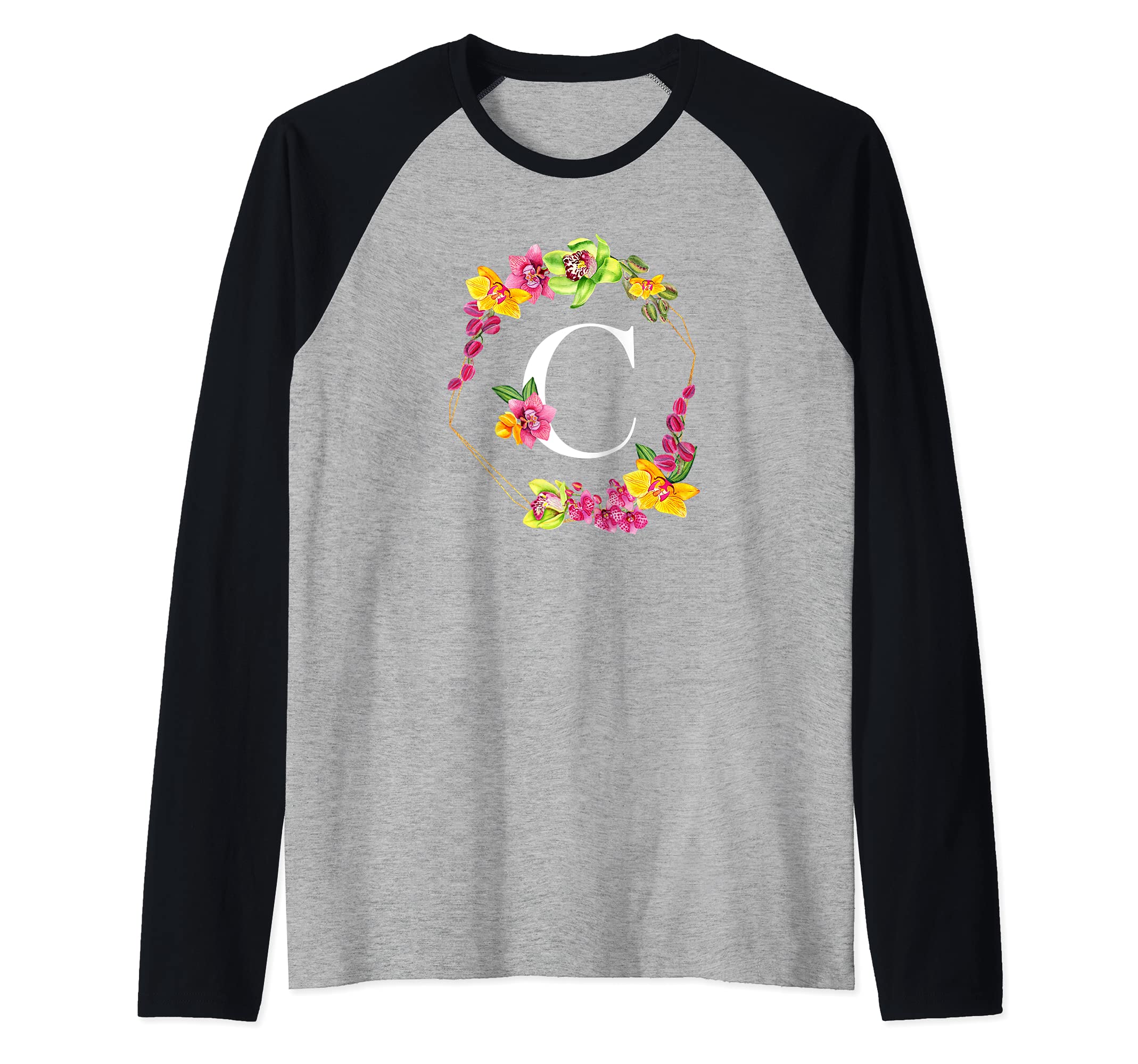 Pink Yellow Green Orchids Floral Monogram Initial Letter C Raglan Baseball Tee