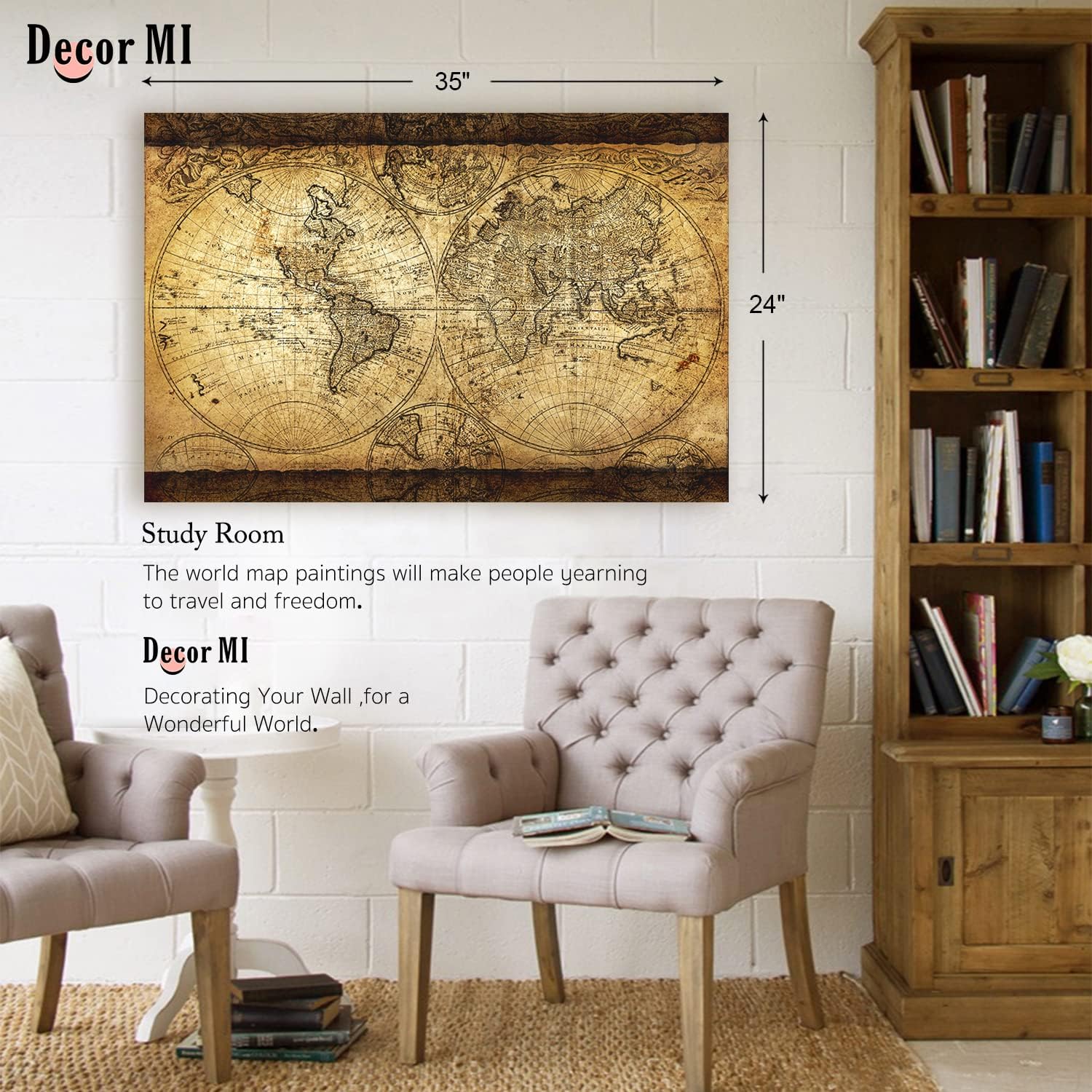 Decor MI Vintage World Map Canvas Wall Art Retro Map of the World Canvas Prints Painting Framed and Stretched Map for Living Room Bedroom Ready to Hang 24"x36"