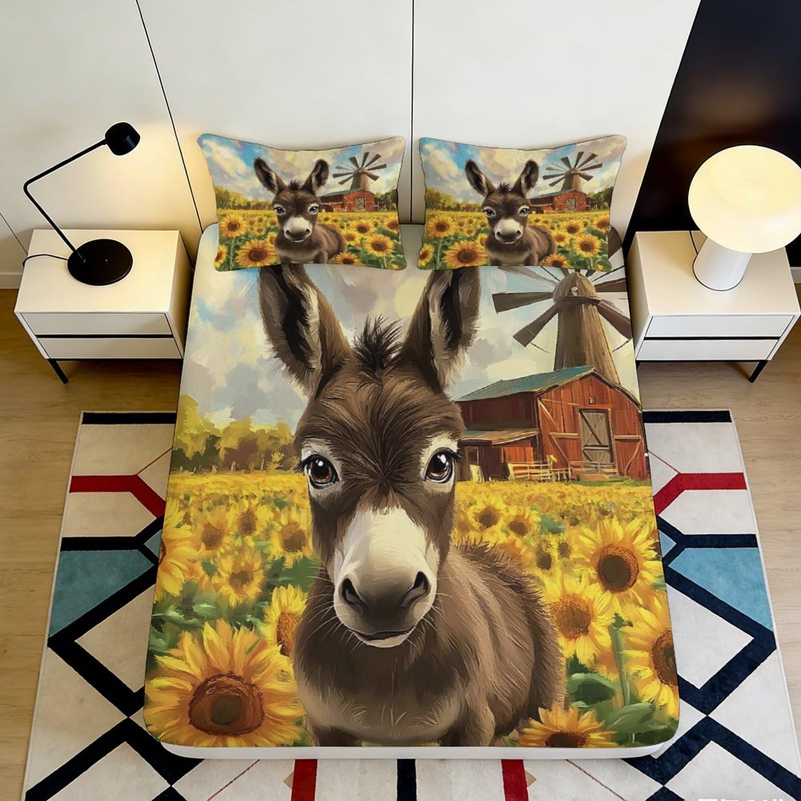 3D Printed Donkey Sunflower Fitted Sheet Microfiber Soft Breathable Windmill Bed Cover for Bedroom Guest Room Decor 90x200x25cm