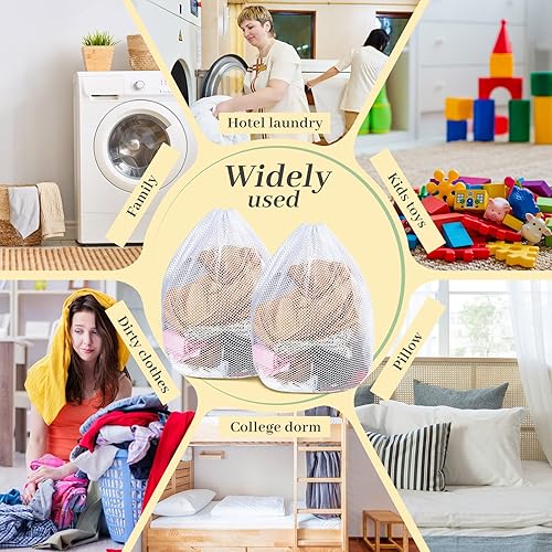 Miniatura 5 de Bolsas de lavandería de malla a granel con cordón de 20 x 24 pulgadas, bolsa de malla blanca resistente, lavable a máquina, bolsa de lavado de red