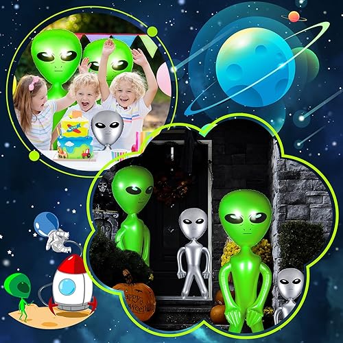 Miniatura 6 de Zhanmai 4 piezas de decoraciones inflables de fiesta de alienígenas de 63 pulgadas y 35 pulgadas para regalos de fiesta de Halloween (plata, verde)