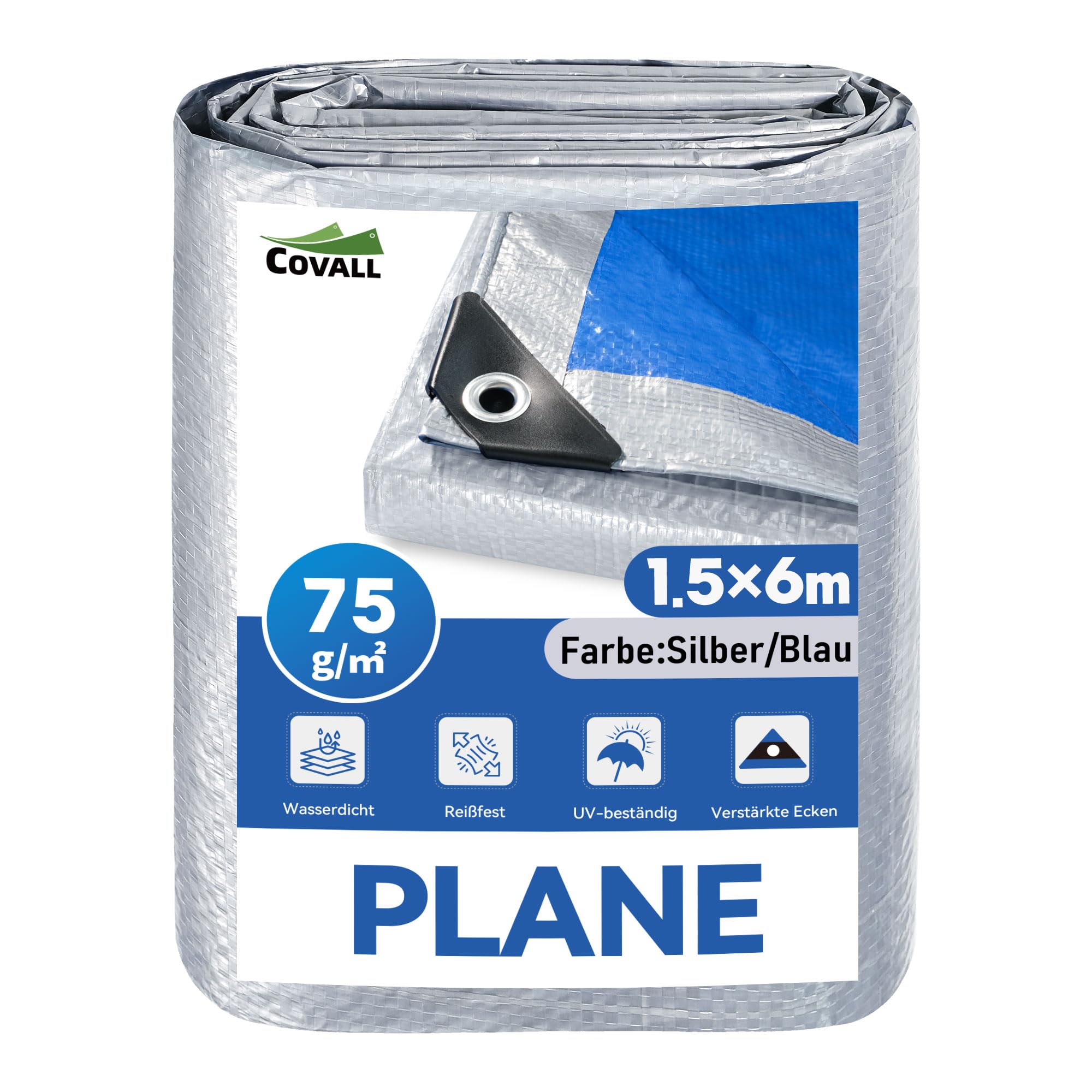 Plane 1,5 x 6 m –75g/m² wasserdichte Plane Aus PE, Silber/Blau Doppelseitig, UV- & Reißfest, Mit Verstärkten Ösen – Ideal Als Unterlage, Campingplane, Wetterschutz Für Garten, Auto & Holz