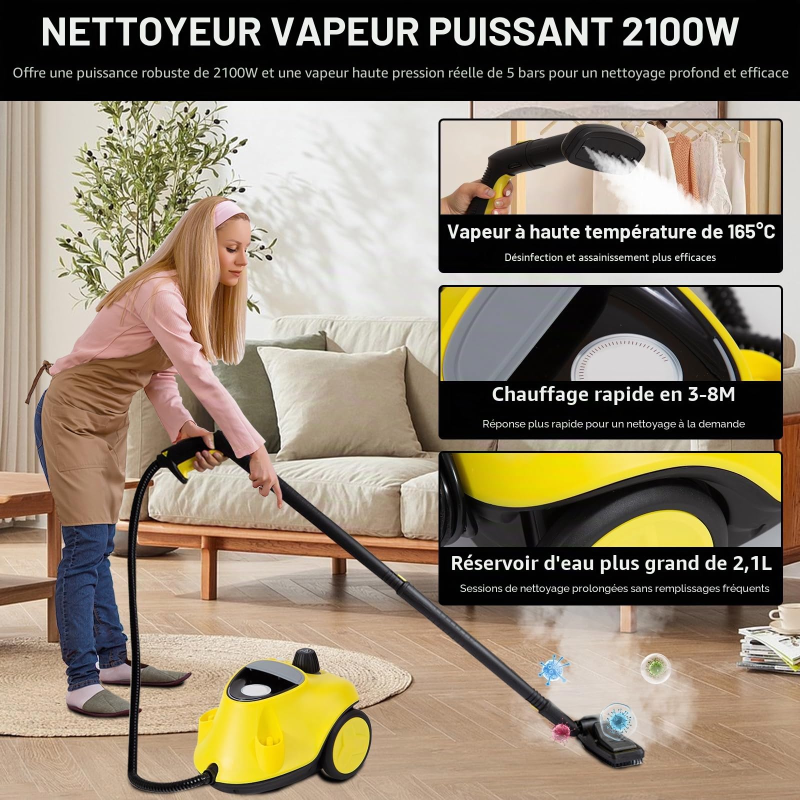 Upgrade Nettoyeur Vapeur 2100W avec 29 Accessoires, Appareil Vapeur Polyvalent avec Réservoir 2,1 L, Pression 5 bar, Kit Sol & Buses, Alerte Eau Basse, pour Tapis, Carrelage, Vitres, Sols (Orange)