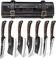 HOSHANHO PAO Hand Forged Butcher Knife Set with Roll Bag - 7 Sharp Cleaver, Boning & Fillet Knives for Meat, BBQ, Camping (4.7 Stars)