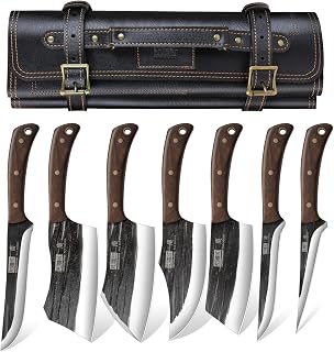 HOSHANHO PAO 8-Piece Hand Forged Butcher Knife Set with Leather Roll Bag - Sharp Cleavers for Meat Chopping BBQ Camping