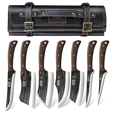 Butcher Knife Set, Hand Forged Butcher Chef Knife Set with Roll Bag, Sharp Meat Cleaver Knife & Bone Chopper Knives & Fillet Knives for Home & Camping & BBQ Gift for Men