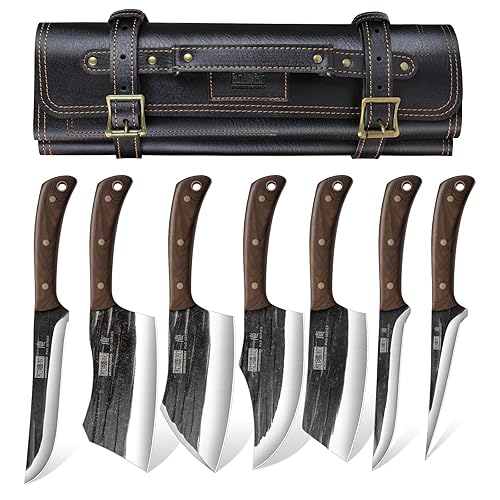 HOSHANHO Butcher Knife Set, Hand Forged Butcher Chef Knife Set with Roll Bag, Sharp Meat Cleaver Knife & Bone Chopper Knives & Fillet Knives for Home & Camping & BBQ Gift for Men - 8 Pieces Butcher Knife Set