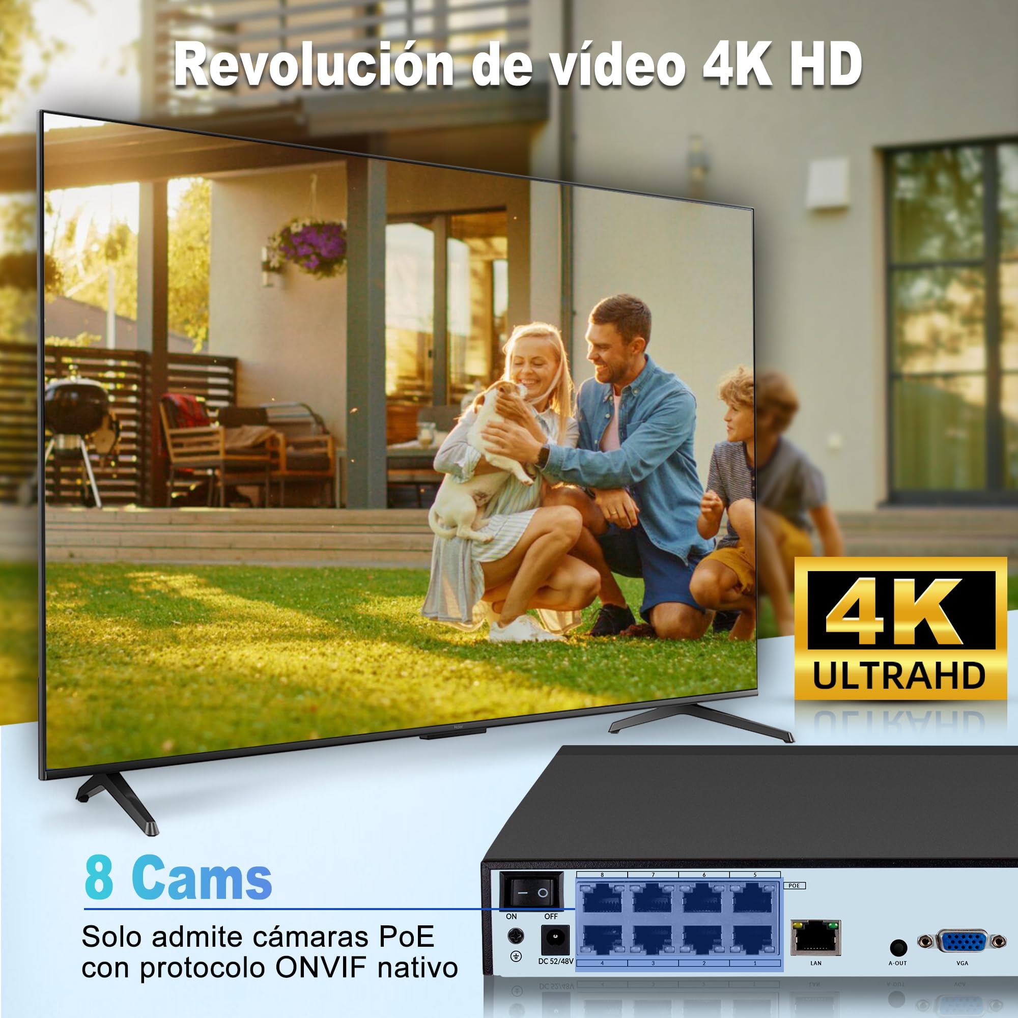 Juego de cámaras de vigilancia 4K para Exteriores, 8 Canales PoE con Disco Duro de 1 TB, Grabador de vídeo en Red para Sistema de cámara CCTV para Seguridad en el hogar, Solo Funciona con cámaras IP