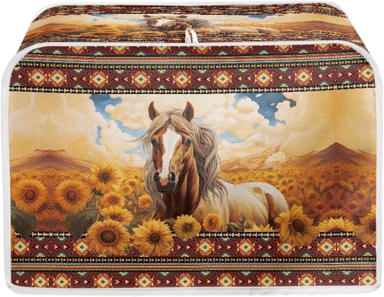 Aztec Horse Sunflower Printed Toaster Cover for Home, Tribal Horse Printed Bread Maker Cover Dirt and Fingerprint Protection, 2 Slice Toaster Oven Covers Kitchen Accessories