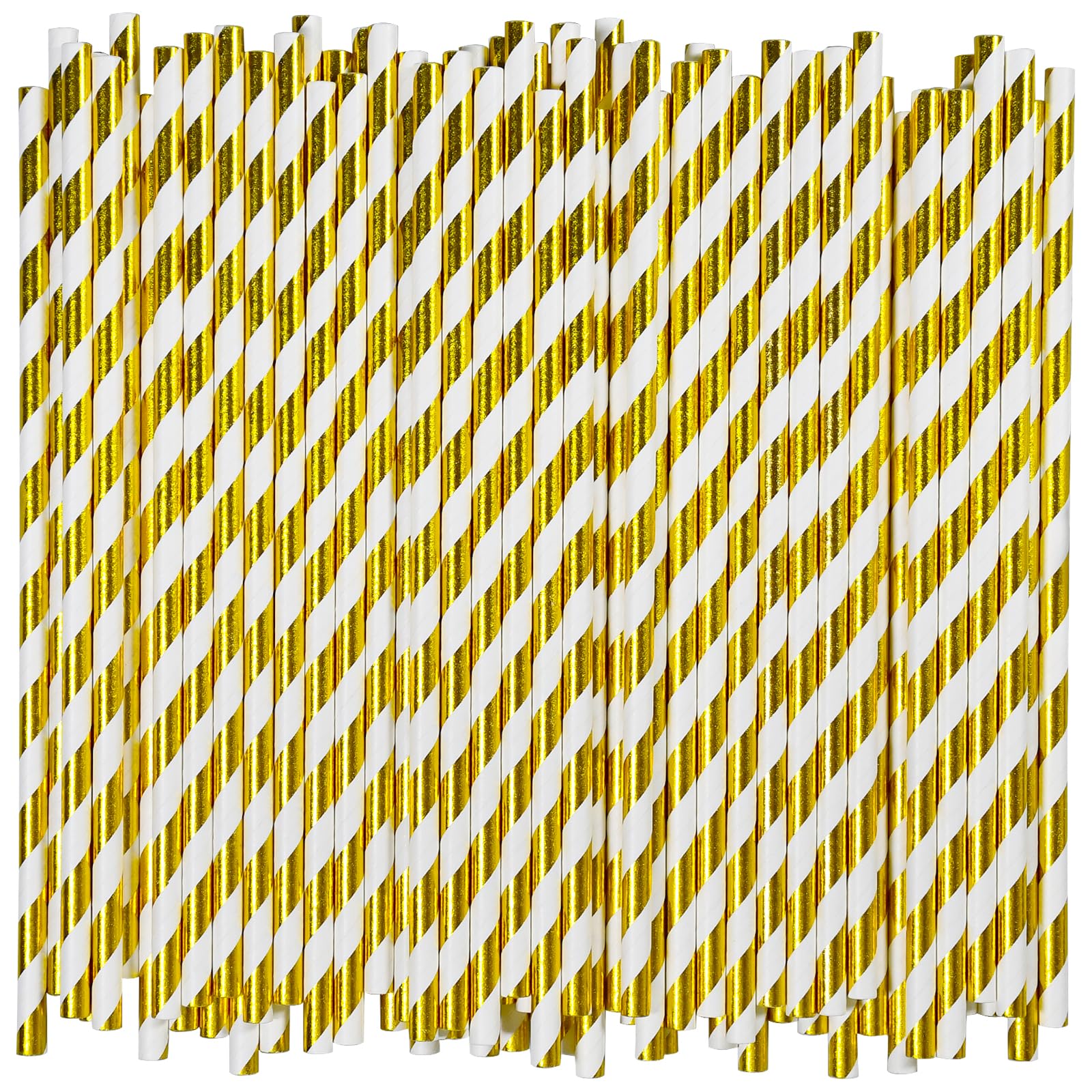 Chunspak 7.75 inch Gold/White Striped Paper Drinking Straws 1000 Counts for Cocktail, Party, Wedding - Disposable, Unwrapped