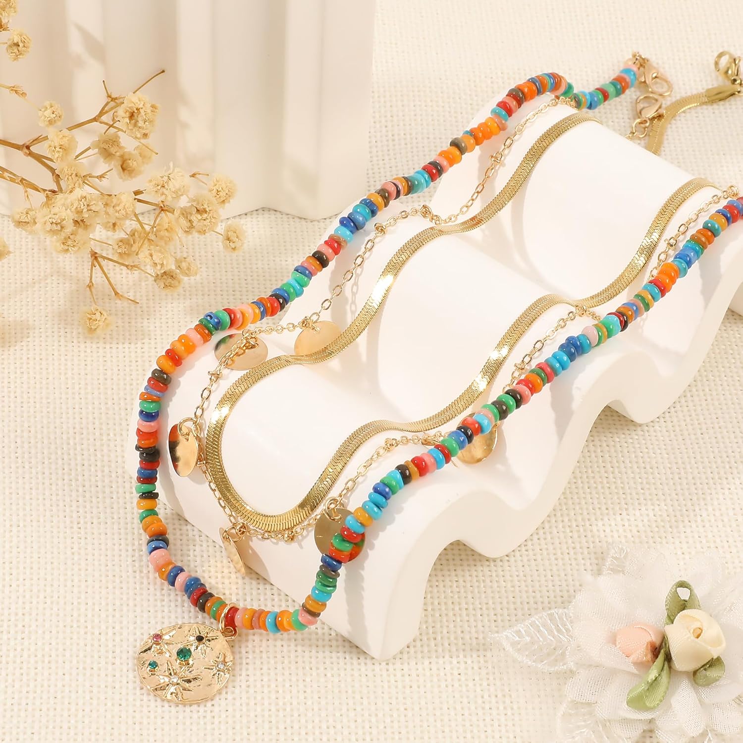 Colorful Beaded Necklace for Women Bohemian Layered Snake Chain Disc Moon Star Hippie Peace Sign Cowboy Hat Boot Horseshoe Natural Stone Choker Necklaces Adjustable Party Summer Jewelry Gift for Women - Image 7