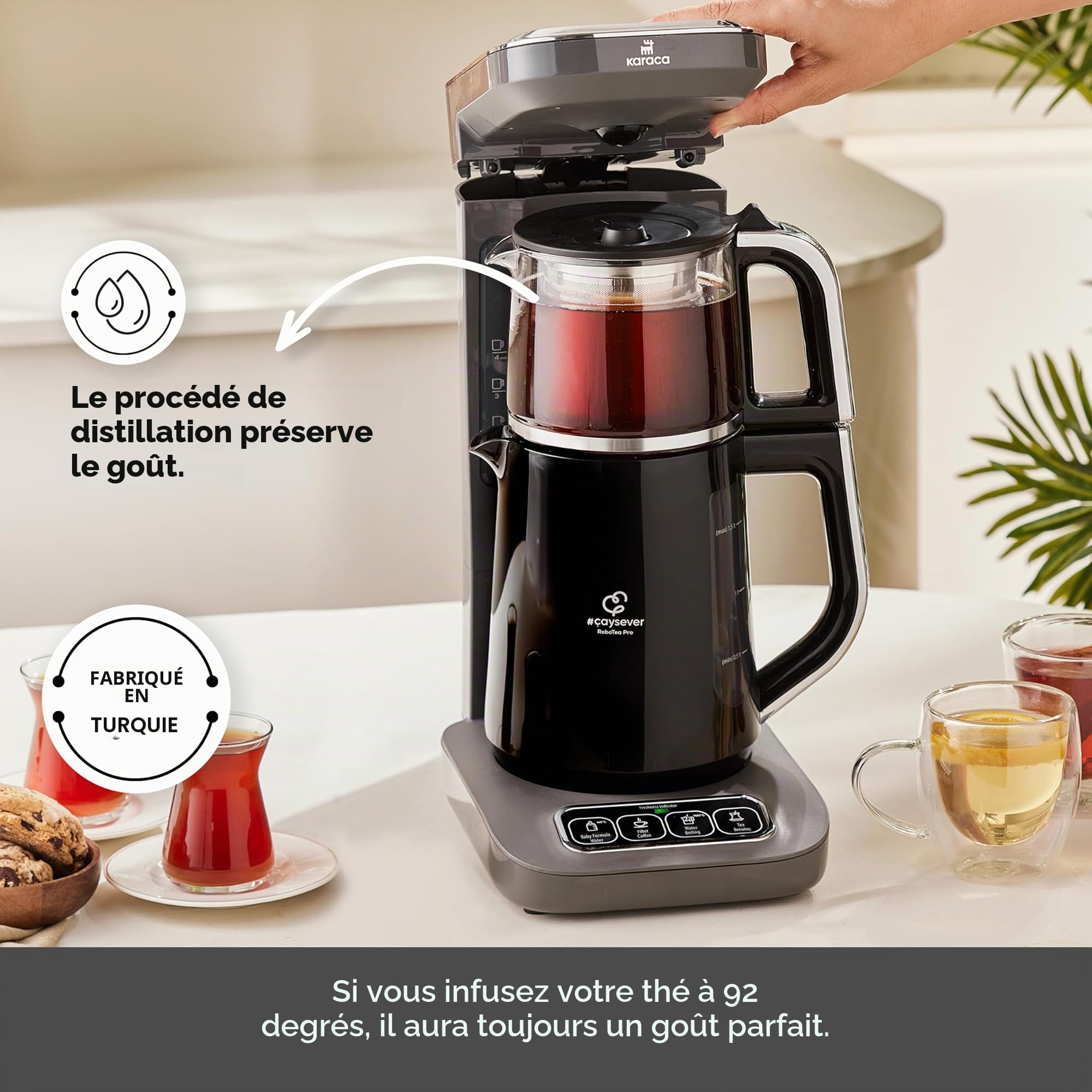 Karaca Caysever Robotea Pro 4-en-1 Theiere Electrique Automatique, Machine à Café Filtré, Bouilloire à Thé, Theiere avec Infuseur, 2500W, Gris Espace