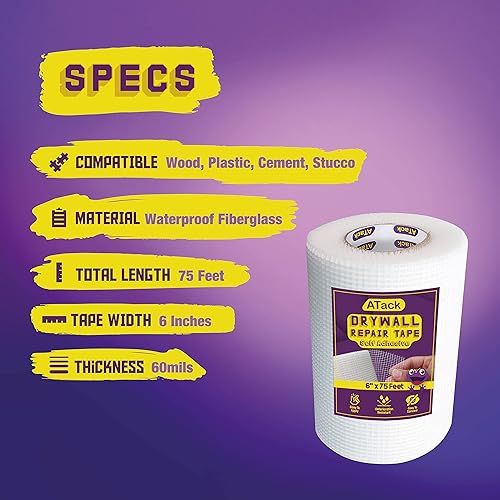Miniatura 2 de ATack Cinta de reparación de paneles de yeso de fibra de vidrio, 6 pulgadas por 75 pies, parche autoadhesivo resistente para grietas y costuras de