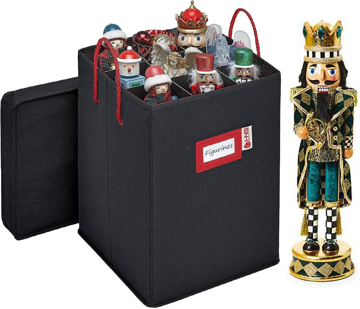 Christmas Nutcracker and Figurine Collectible Storage Box - Stores Up to 9-16-inch Tall Nutcrackers, Ornaments, and More - Holiday Decor Protective Organizer with Adjustable Dividers - Charcoal