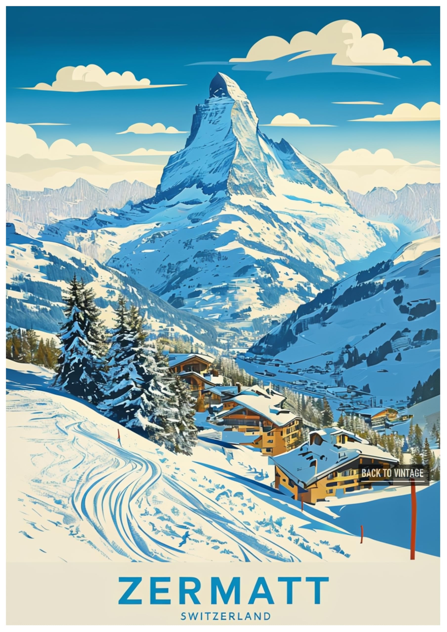 ZERMATT - Vintage Ski Resort Poster A4 Size Retro Winter Sports Wall Art Alpine Mountains Snow Landscape Home Decor for Ski Lovers