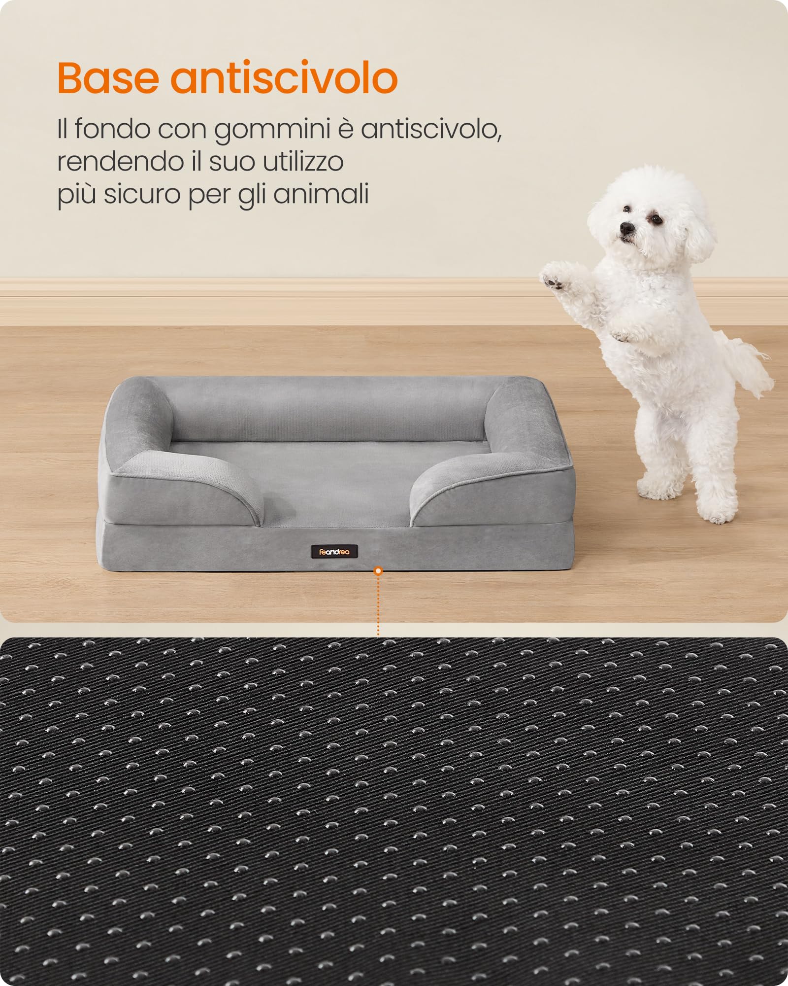 Feandrea Cuccia Ortopedica per Cani, Letto per Cani M, Bordo Rialzato, Gommapiuma Ondulata, Sfoderabile, Lavabile, Antiscivolo, Rivestimento Impermeabile, Grigio Tortora, 76 x 51 x 16 cm PGW321GD01