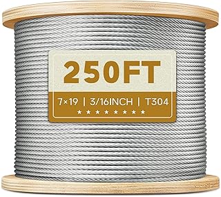 3/16" Stainless Steel Cable, 250FT Wire Rope Aircraft Cable for Pulling, Lifting, Deck Cable Railing, String Lights and DIY Balustrade, 7x19 Strands Construction