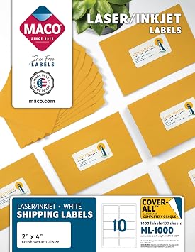 MACO Printable Labels for Shipping - Laser/Ink Jet Compatible Shipping Labels, 10 per Sheet, 2" x 4", Box of 100 Pages/1000 Labels, White
