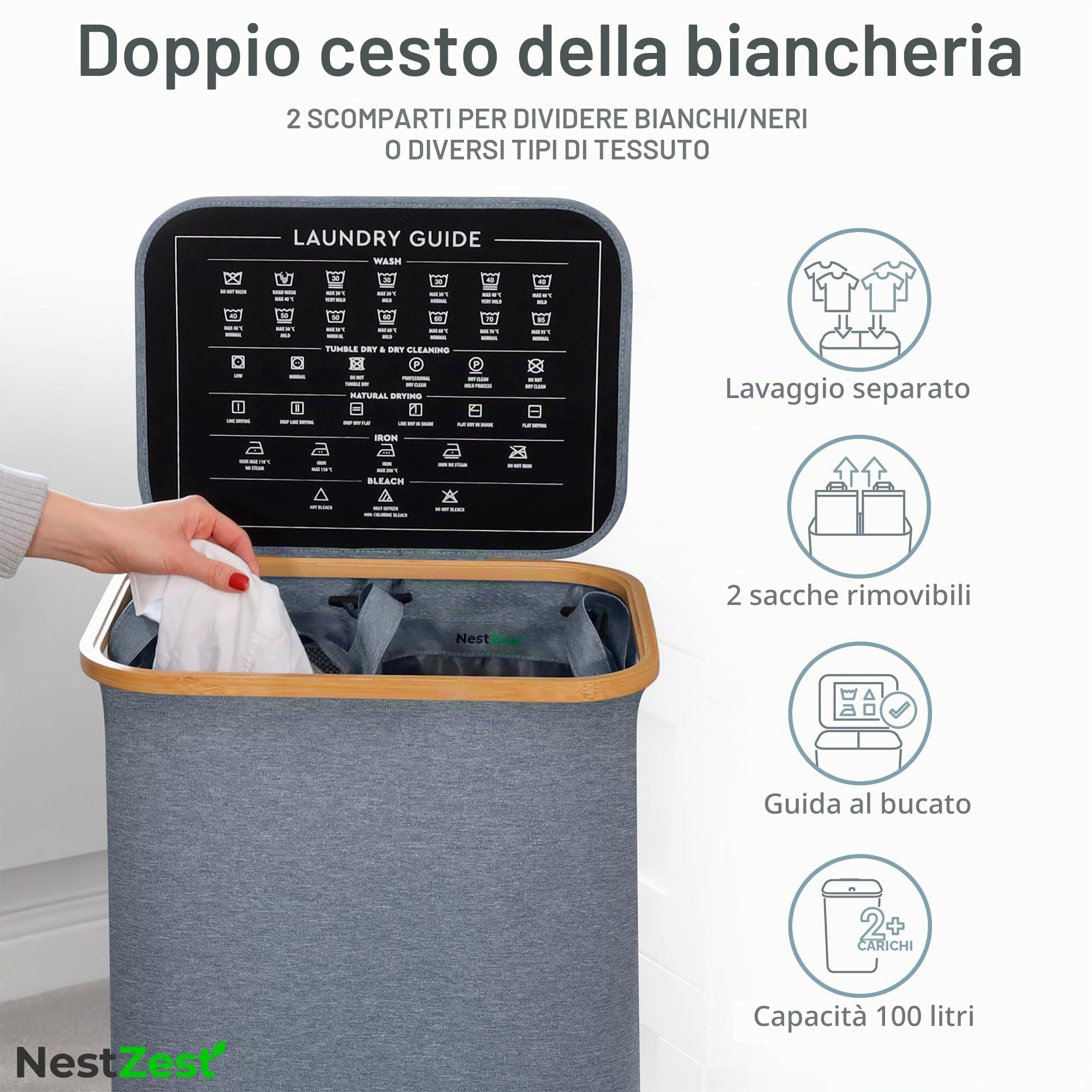 Nest Zest - Cesto portabiancheria doppio da 100L con coperchio, 2 scomparti per ordinare il bucato, cesto portabiancheria con guida per la cura e 2 sacchetti interni rimovibili, cesto per vestiti