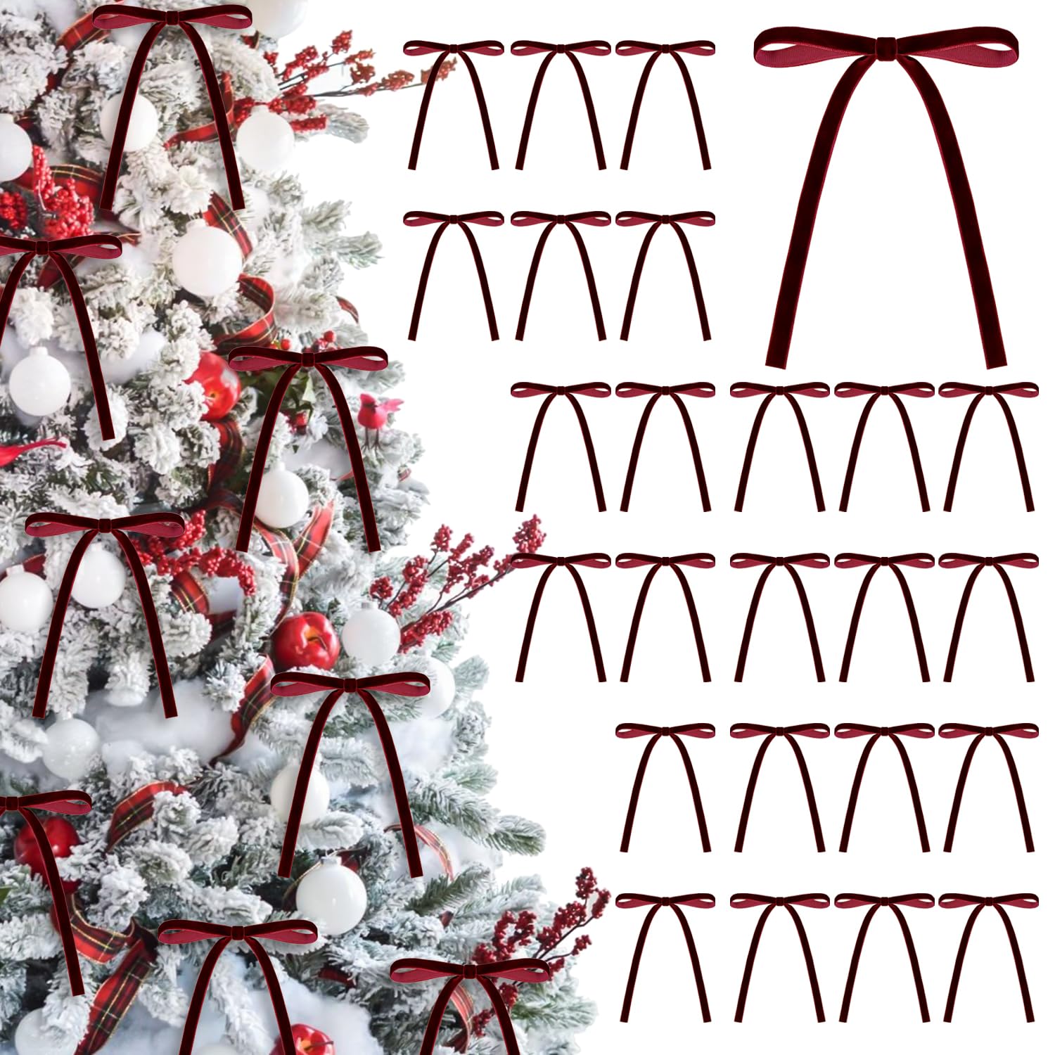 24 lazos de terciopelo de Navidad de 5 x 7 pulgadas, lazo pequeño de terciopelo rústico para adornos de árbol de Navidad, manualidades, coronas, guirnaldas, decoración del hogar para interiores y