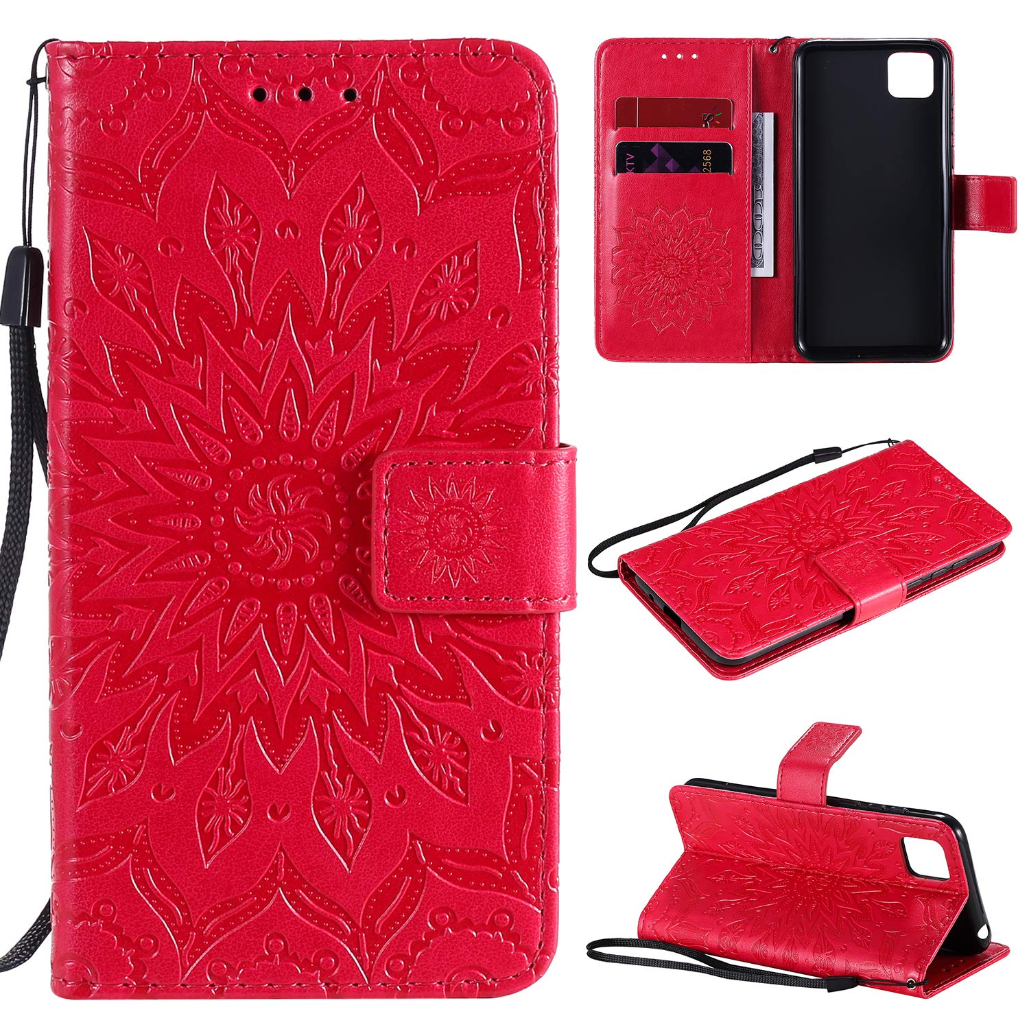 Xinyunew Cover Protettiva Con Portafoglio E Vetro Temperato Per Huawei Honor 9S / Y5P - Custodia Flip In Pelle PU Rossa Con Slot Carte E Cavalletto