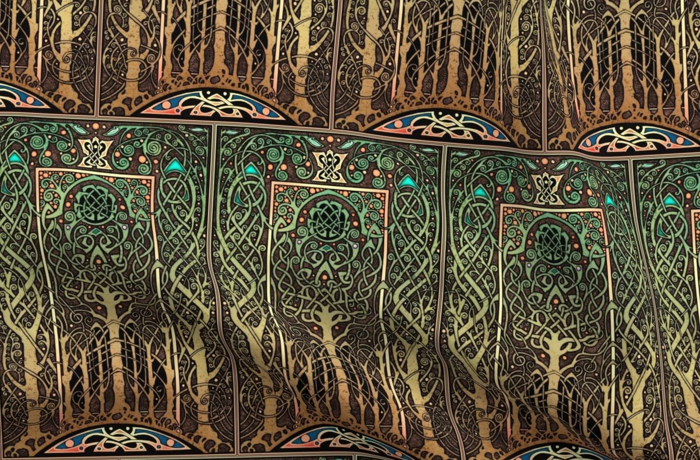 Spoonflower Fabric - Green Blue Brown Tree Border Celtic Tanglewood Woodland Fairy Tale Printed on Petal Signature Cotton Fabric by The Yard - Sewing Quilting Apparel Crafts Decor