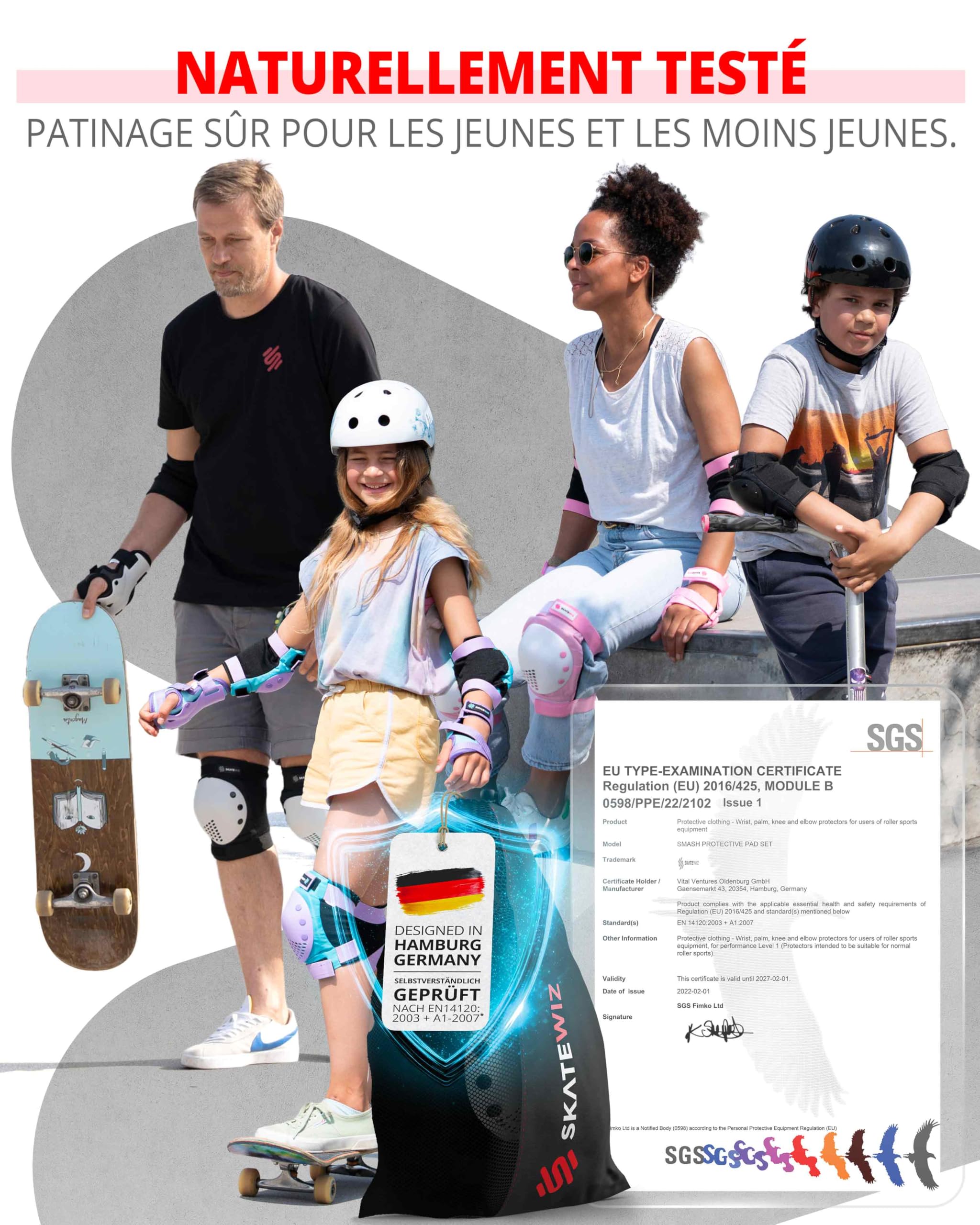 SKATEWIZ Protection Roller Enfant & Adulte pour Skateboard, BMX, Velo - Smash - Patins à roulettes [6pc] - Genouillère Enfant Skate - 3