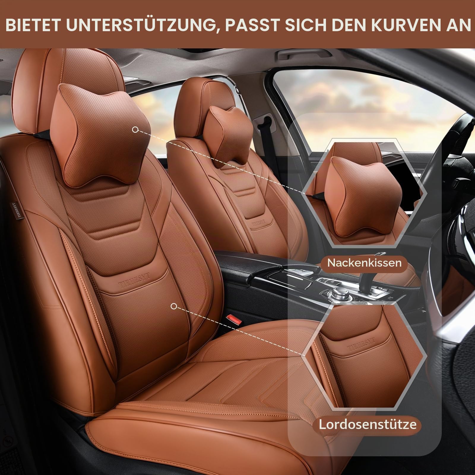 TIEHESYT Komplettset Autositzbezüge aus atmungsaktivem Kunstleder Für Vorder- und Rücksitze inkl. Kopfstützen - reduziert Fahrermüdigkeit - passend für die meisten Pkw (Braun, Vorder- & Rücksitze)