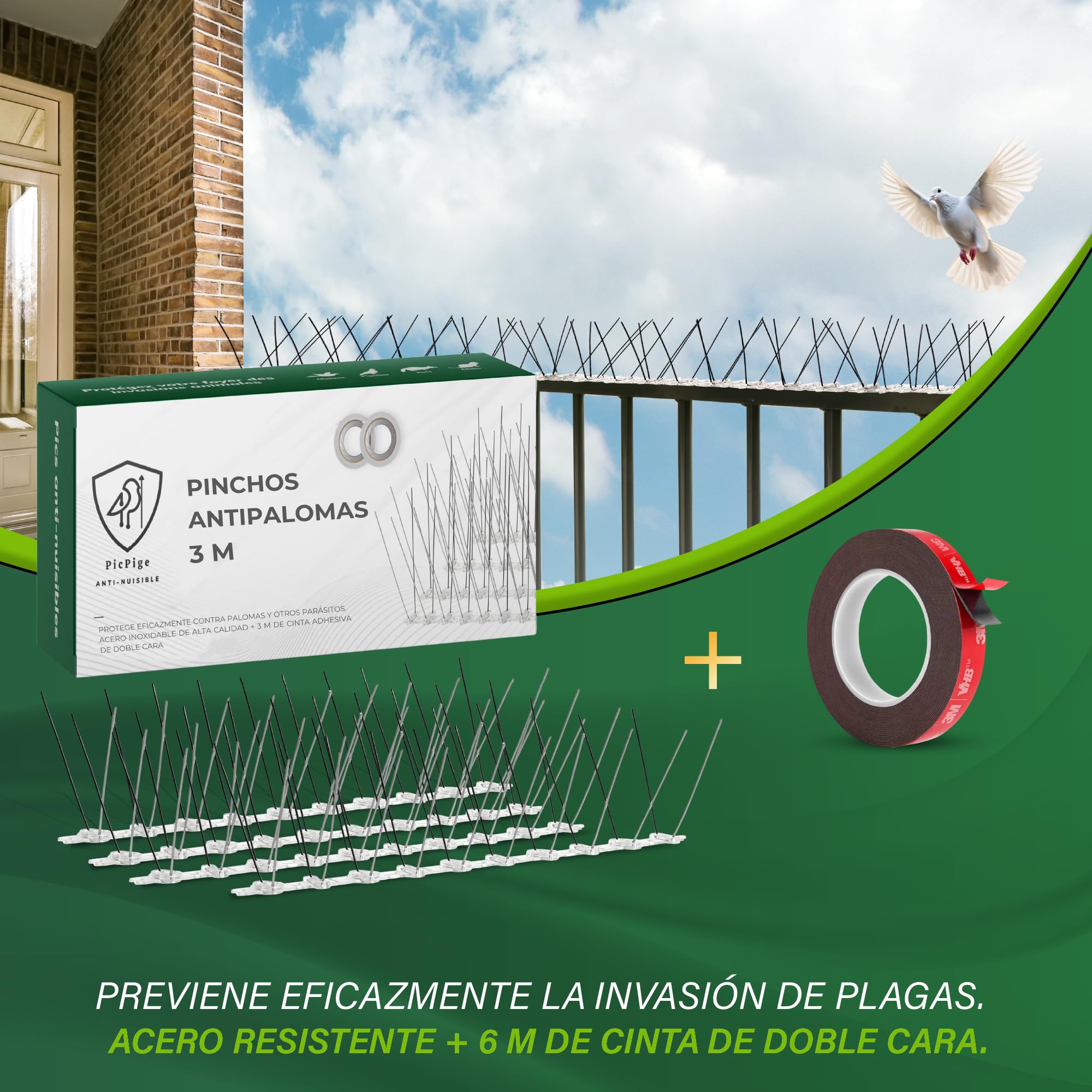 Dissuasores de Palomas - 3 Metros - Pinchos en Acero Inoxidable - 3M Cinta Adhesiva Incluida - 20 Unidades - Anti Palomas para Balcón, Tejado, Valla