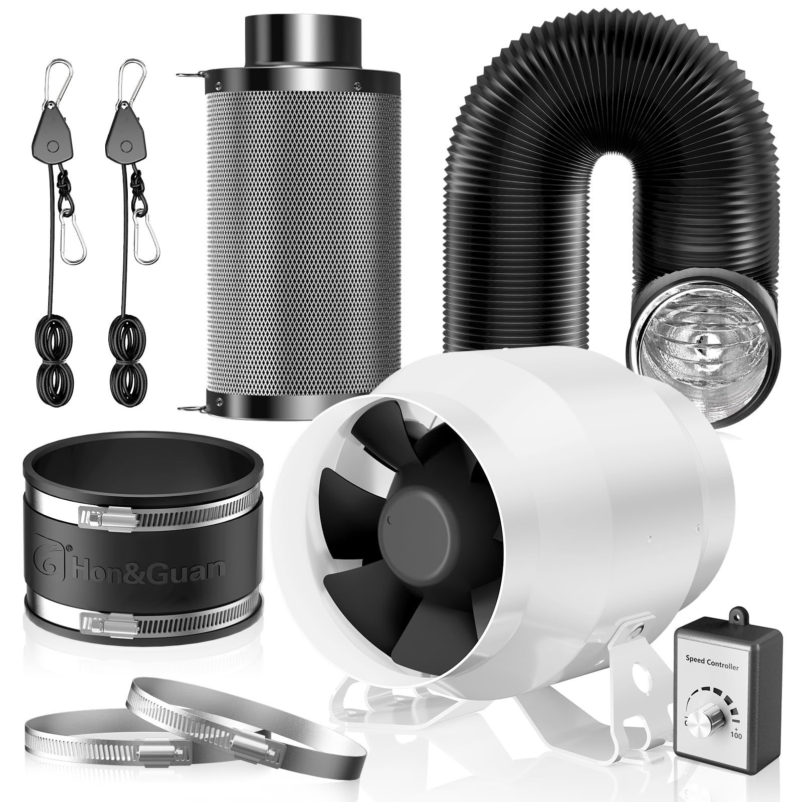 Hon&Guan HI-PE - Set di aria super volume, 360 m³/h, 100 mm, con regolatore di velocità, filtro ai carboni attivi, tubo di scarico in gomma, ventola di ventilazione avanzata per motore EC