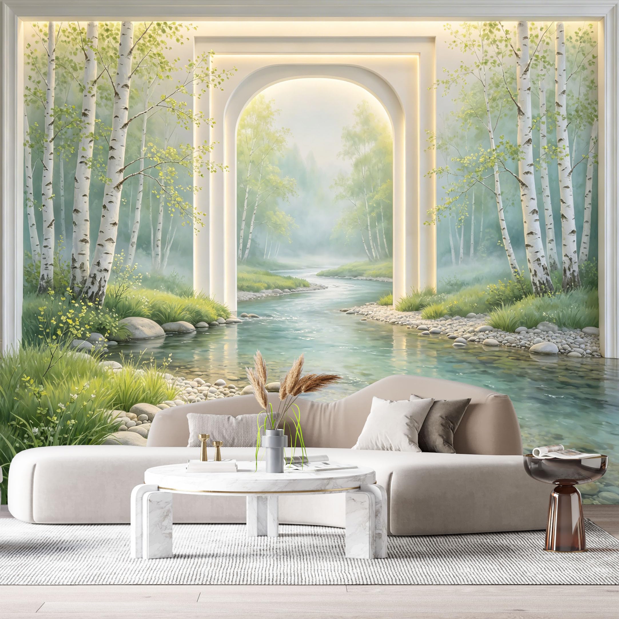 Custom Size Wall Murals Birch Tree Forest River Landscape 3D Trompe L'Oeil SelfAdhesiveWall Fabric Removable Wallpaper Wall Decor for Living Room Bedroom Bathroom