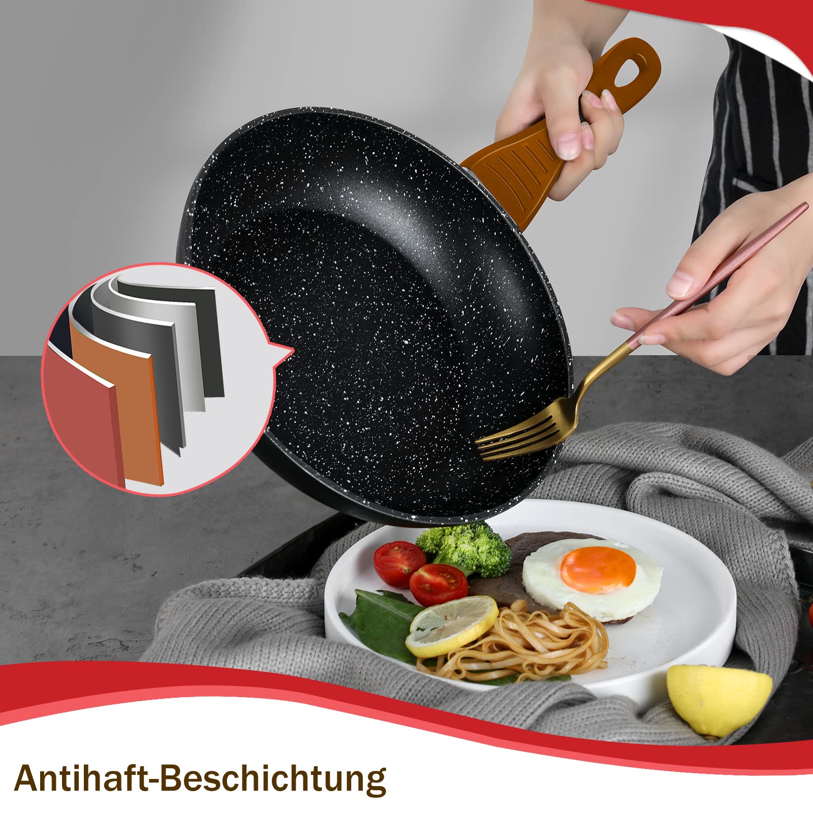 HOMELUX Topfset Induktion 10-tlg Aluminiumguss beschichtet,Kupfer | 2xBratpfanne+3xKochtopf mit Glasdeckel+1xMilchtopf mit Glasdeckel,Antihaftbeschichtung,Für alle Herdarten geeignet,BPA-frei