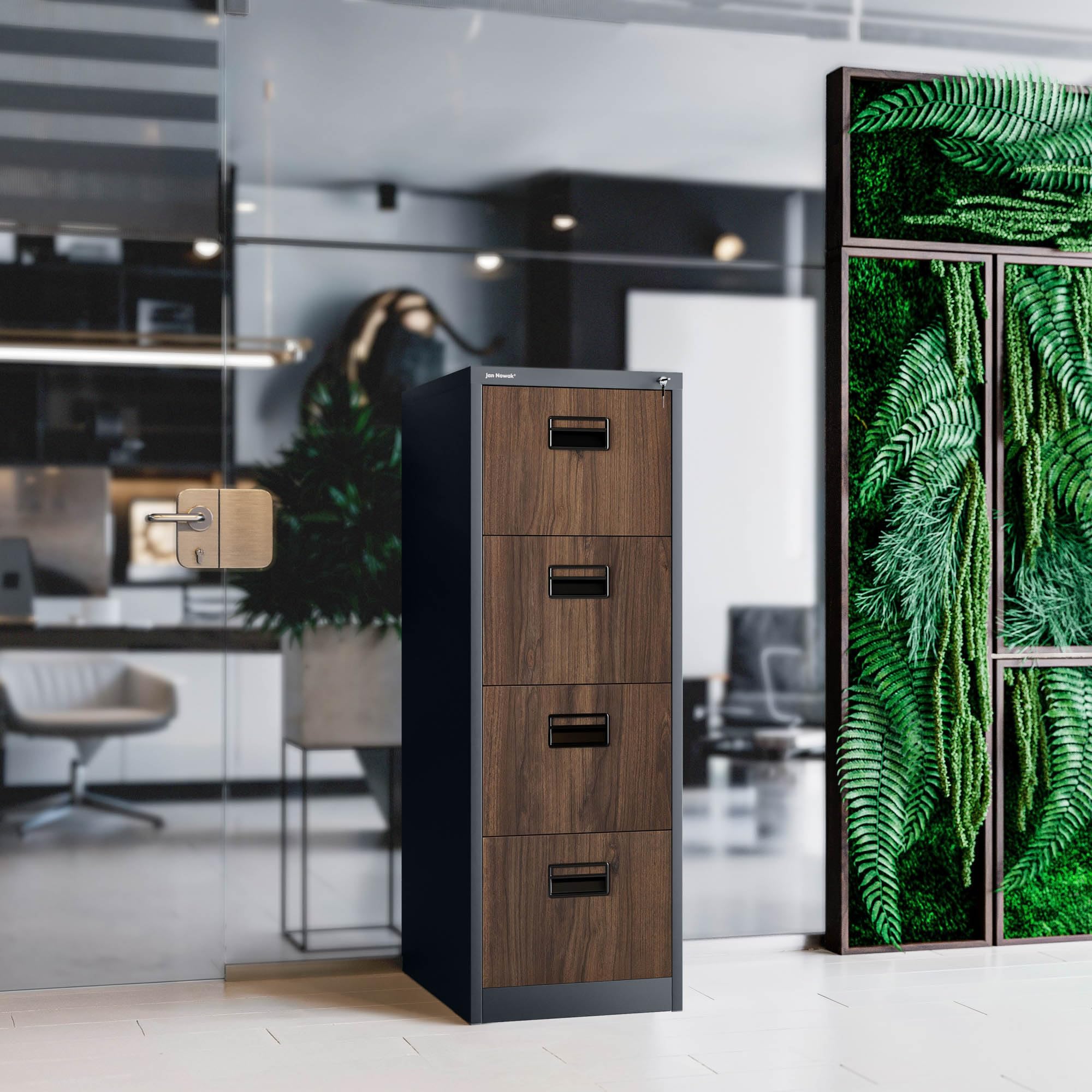 Jan Nowak Hängeregistraturschrank V004A Hängemappenschrank Büroschrank Stahlschrank Aktenschrank mit 4 Schubladen Pulverbeschichtung Stahlblech 132 x 46 x 62 cm (H x B x T) (Anthrazit/Holzoptik)