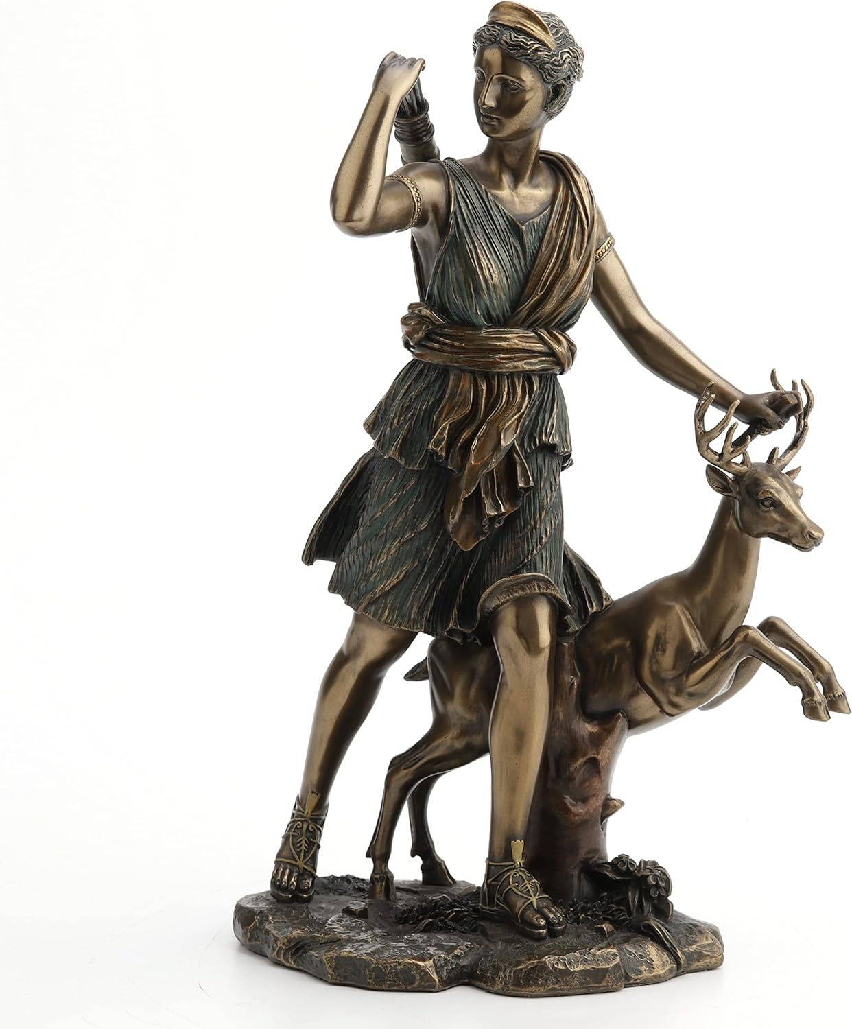 Veronese Design Resin Statues Diana Greek Goddess The Hunt, Moon and Nature Walking with Deer Statue 11 Inch 7 X 11.25 X 6 Inches Bronze