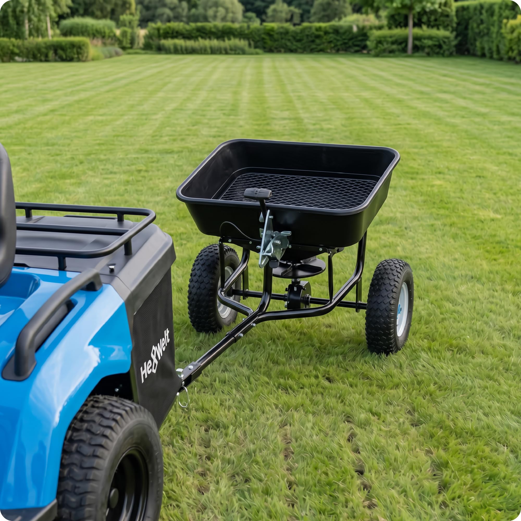 Streuwagen 30L für Rasentraktor, Anhängestreuer 3,5 m, Düngerstreuer, Saatgutstreuer für Rasensamen, Salzstreuer und Sandstreuer mit Luftreifen, HW-SPREADER