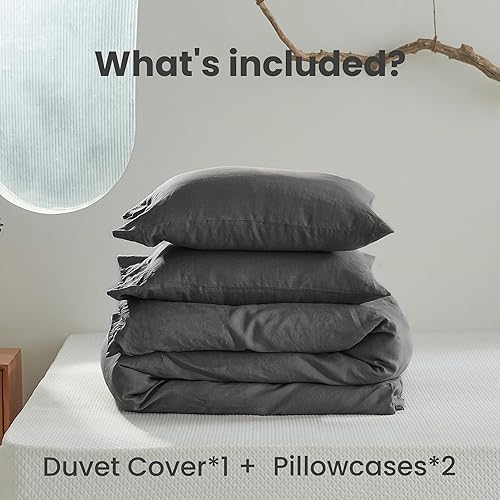 Miniatura 4 de Simple&Opulence Juego de funda de edredón 100% lino, 3 piezas con cierre de botón de coco, lino francés lavado, color liso, suave, transpirable,