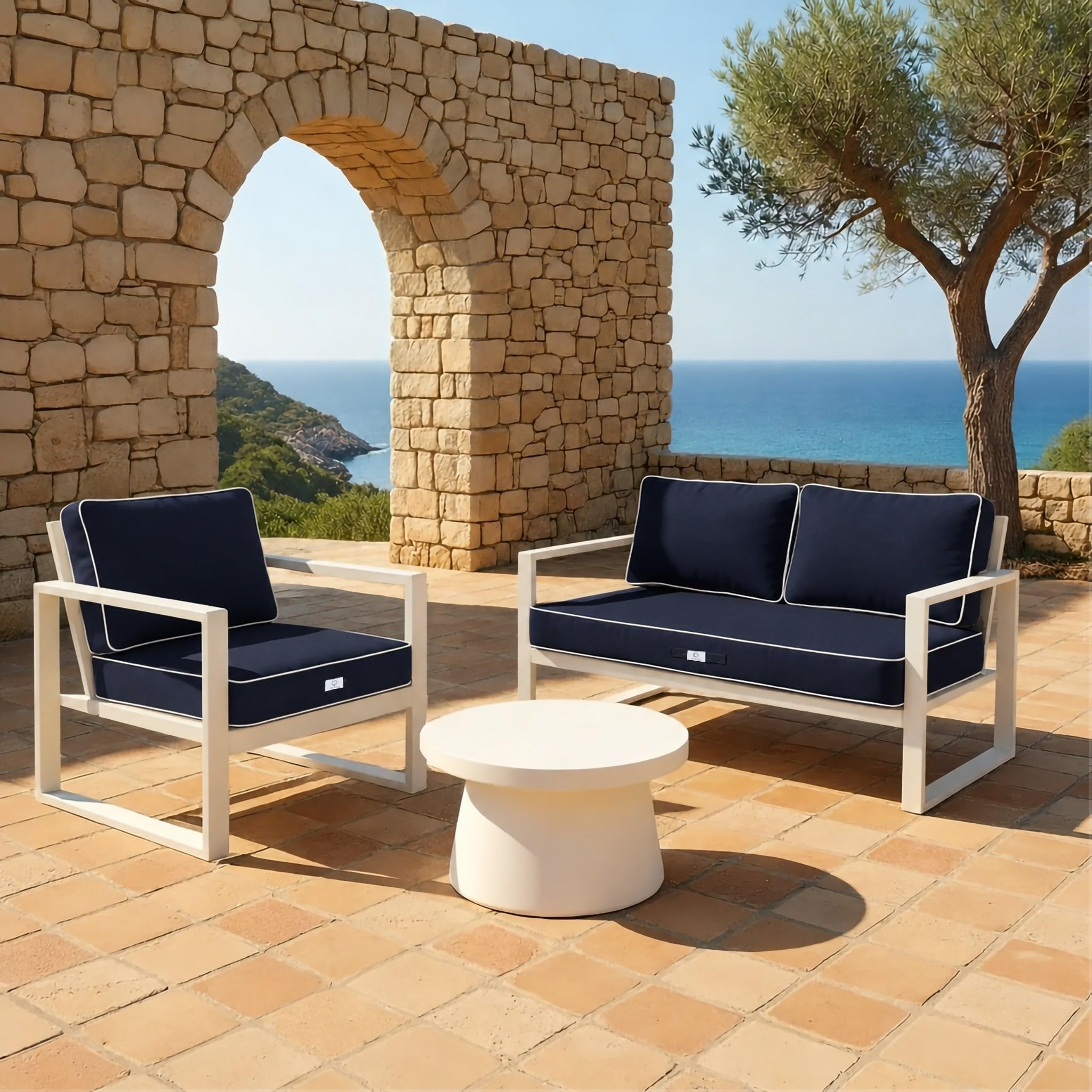 Cuscini da Esterno Impermeabili 60x60 cm Spessore 12 cm - Set Seduta e Schienale per Poltrona Larga da Giardino - Imbottitura Inclusa, Sfoderabili, Anti UV, Profilo Cordonato - Blu Marino