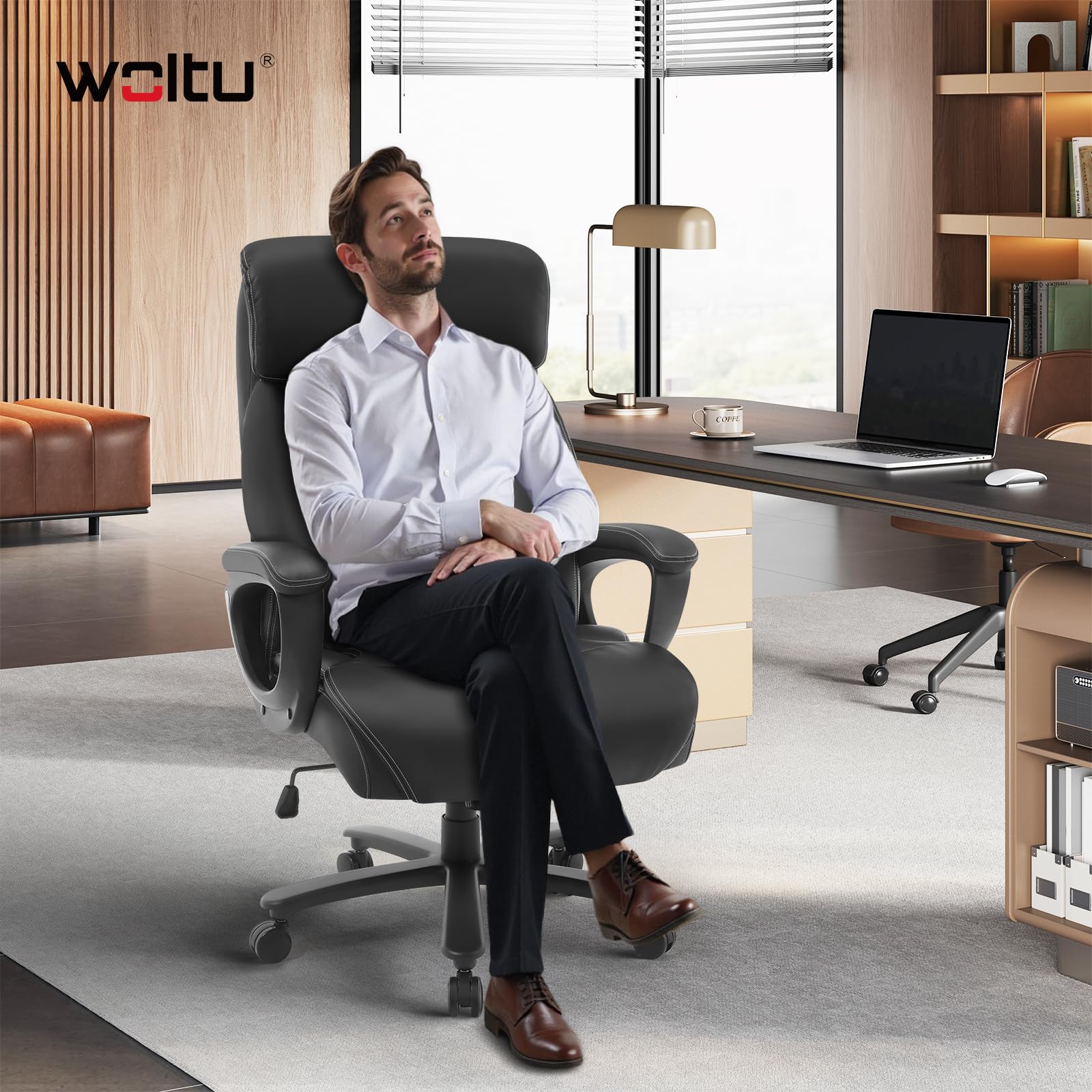 WOLTU Chefsessel 150 kg, Ergonomischer Bürostuhl, Kunstleder, Schwarz | Breite Sitzfläche, Dicker Breiter and Winkeleinstellbar, mit hochelastischem Schaumstoff, BIFMA- und SGS-zertifiziert