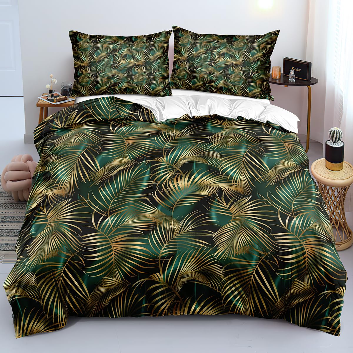 Housse de couette 240x220 botanique au style chic avec finitions dorées luxueuses