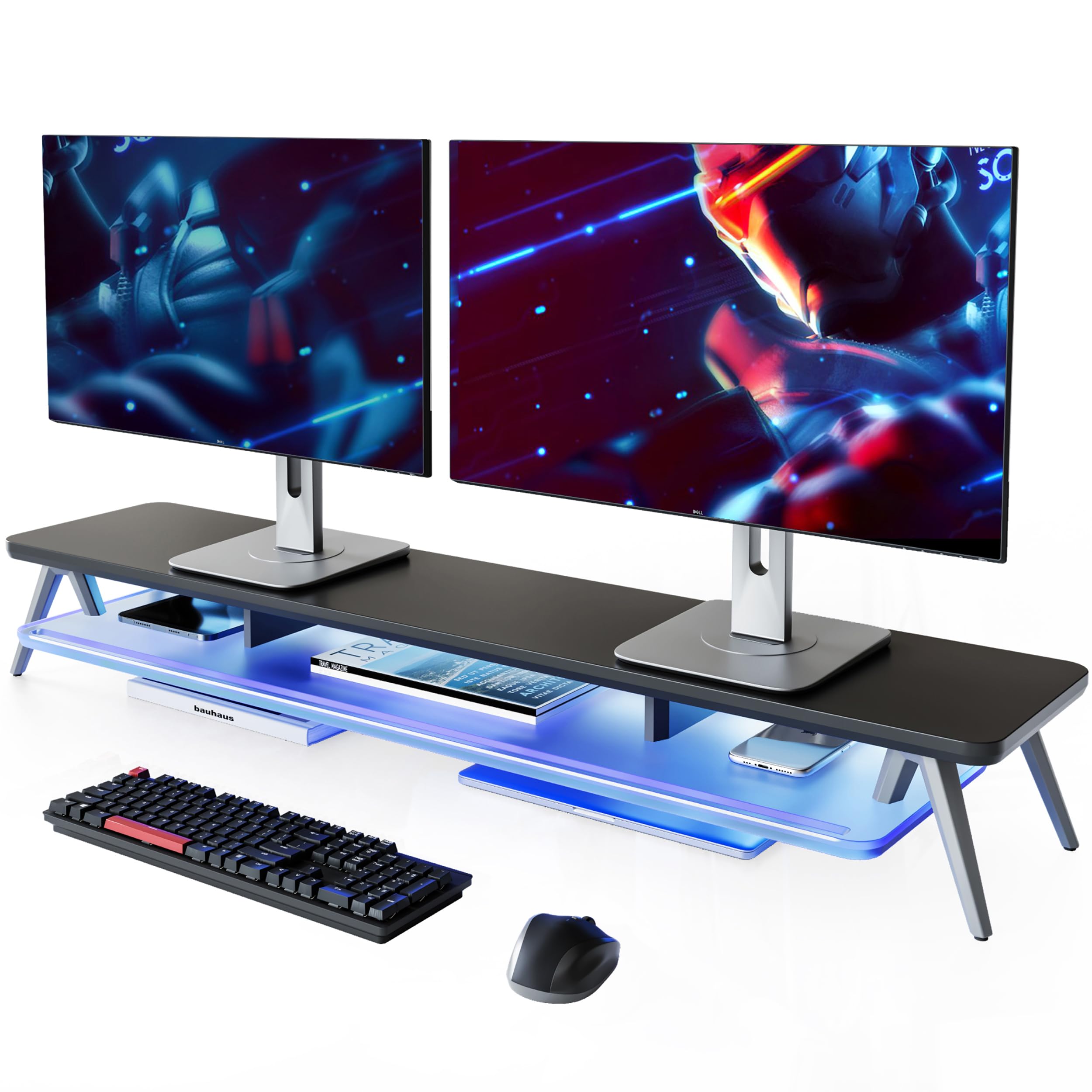 Fenge Supporto Monitor Scrivania, con Luci LED, Ripiano in Acrilico, 2 Livelli, Supporto per Telefono/Tablet/Penne, Carico 45KG (Nero)