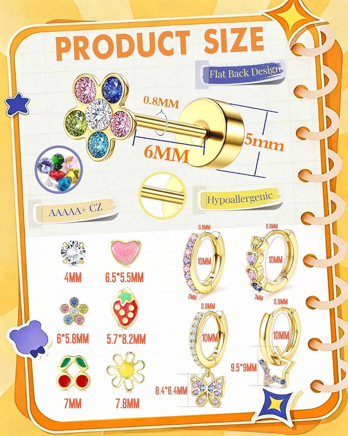 SAILIMUE 10 Pairs Flat Back Earrings Hypoallergenic Earrings for Girl Women
