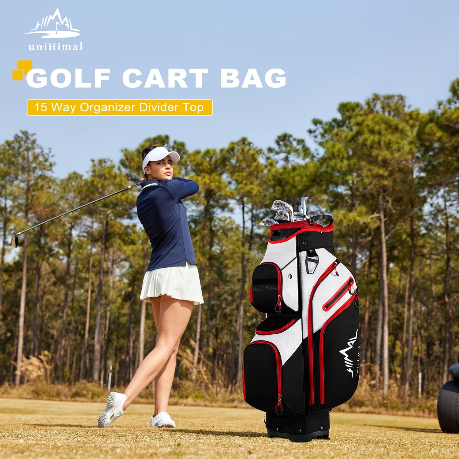 UNIHIMAL Golf Cart Bag, 15 Way Organizer Divider Top with Handles and Rain Cover