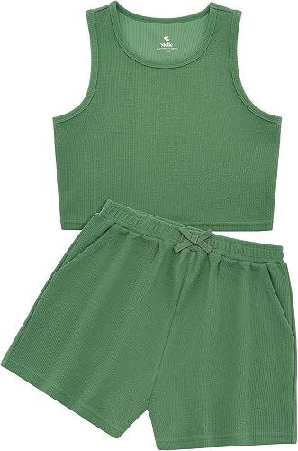 Stelle Girls 2 Piece Outfits Cute Sleeveless Summer Short Sets Athletic Scoop Neck Tank Top and Shorts with Pockets